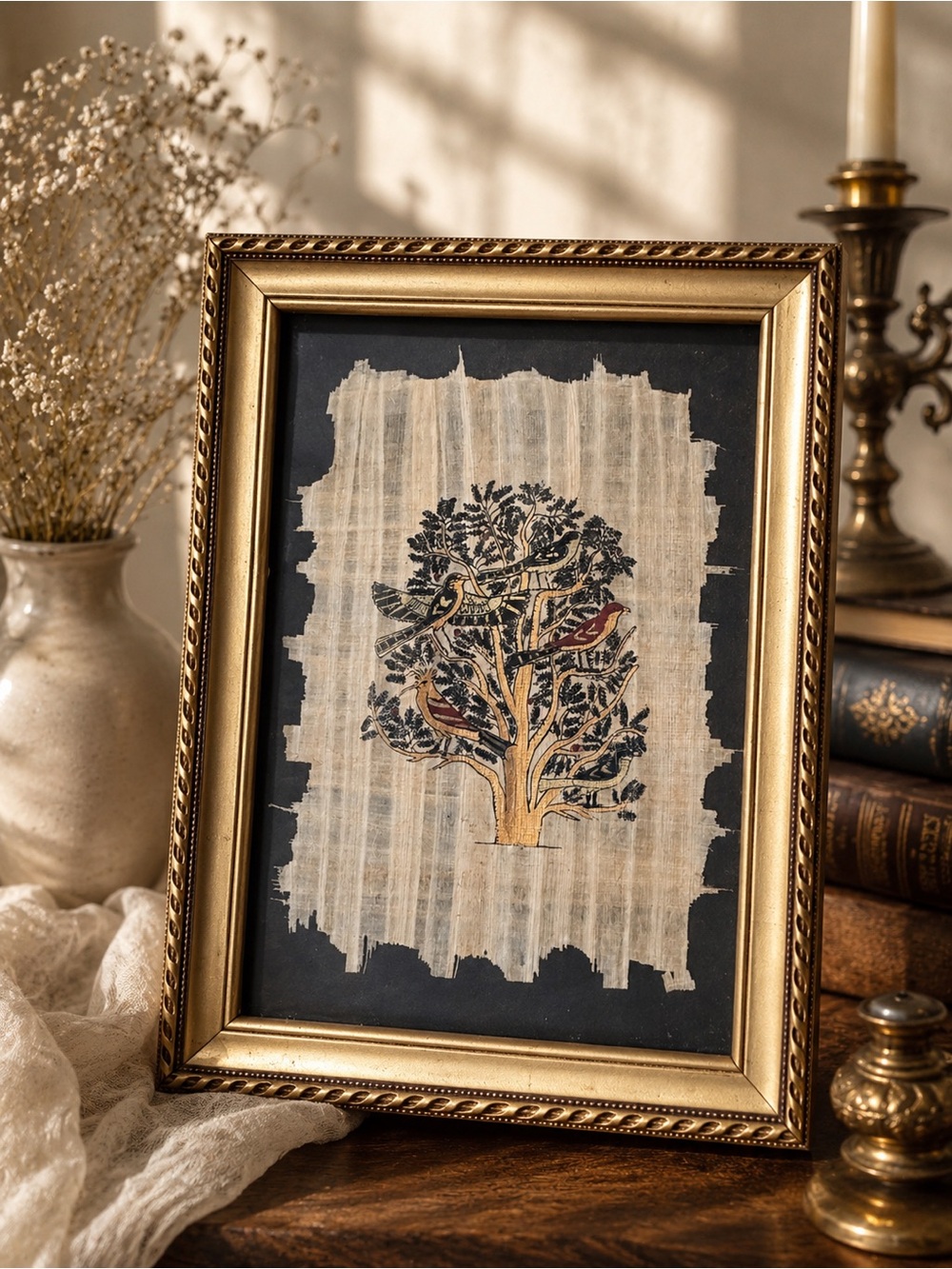 Vintage Egyptian Tree of Life Papyrus Framed Art Boho Cottage Grandmillennial